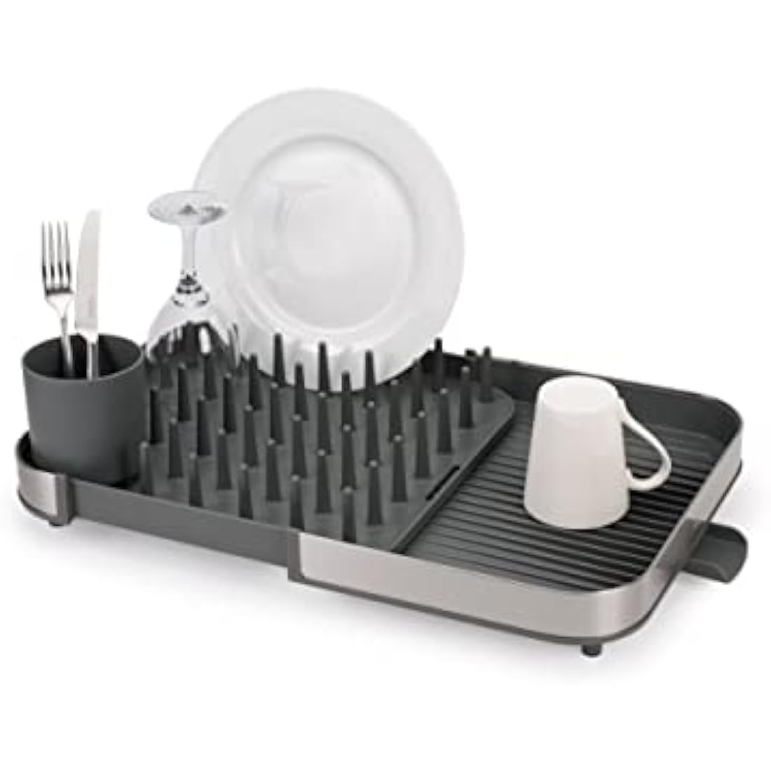 Joseph Joseph Duo Expanding Dish Drainer Rack with Removable Cutlery Holder, Draining Spout, Stainless-steel/Grey
