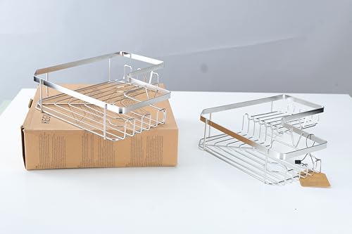 Kegii Telescopic Shower Caddy Corner - Stainless Steel Shower Shelf No Drilling Bathroom Caddy with Soap Holder and Hooks(White), On The Bath or Stand Up Shower