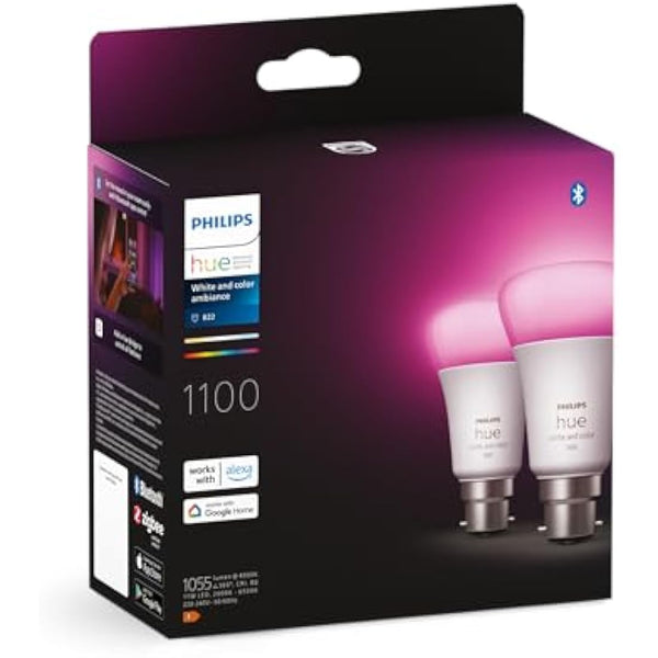 Philips Hue White & Colour Ambiance Smart Bulb Twin Pack LED [B22 Bayonet Cap] - 1100 Lumens (75W Equivalent). Works with Alexa, Google Assistant and Apple Homekit, 2 Count (Pack of 1)