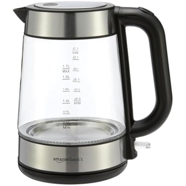 Amazon Basics Electric Glass Kettle, 1.7 Litres, Black, Silver