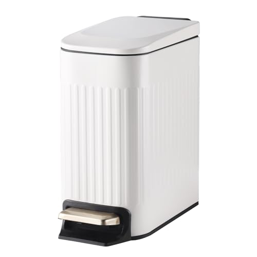 ELPHECO Slim Bathroom Trash Can Foot-Operated Stainless Steel Garbage Can with Soft Close Lid Step Trash Bin with Removable Inner Bucket for Bedroom, Office, Kitchen (White, 1.8 Gallons)