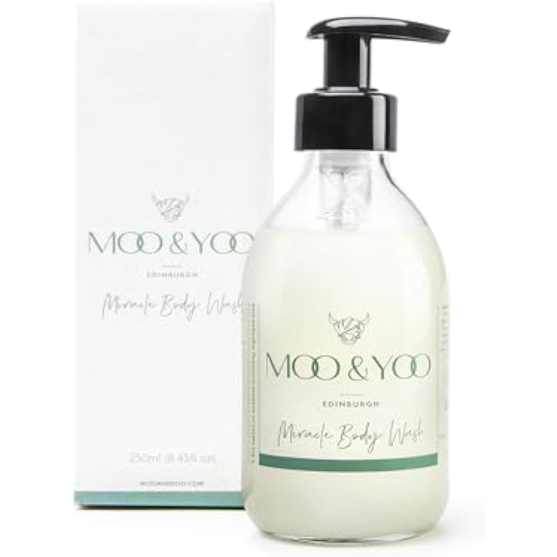 Moo & Yoo Miracle Body Wash - Marula Oil & Icelandic Moss - Natural Body Wash - Moisturising Shower Gel - Vegan & Cruelty Free - 250ml Recyclable Glass Bottle