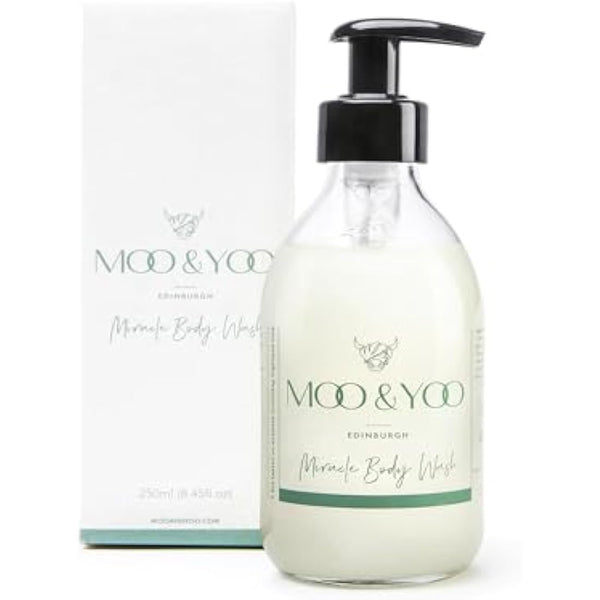 Moo & Yoo Miracle Body Wash - Marula Oil & Icelandic Moss - Natural Body Wash - Moisturising Shower Gel - Vegan & Cruelty Free - 250ml Recyclable Glass Bottle