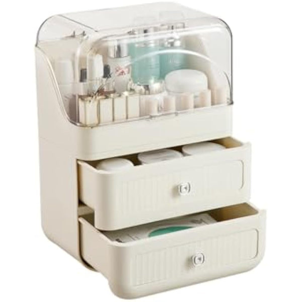 RMAN Makeup Organiser, Large Capacity Makeup Storage with Clear Lid and 2 Drawers for Cosmetics, Perfumes, Skincare, Waterproof and Dustproof - Cream White