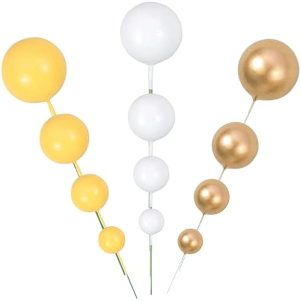 Gyufise 30Pcs Balls Cake Topper Mini Balloons Cupcake Topper DIY Cake Insert Topper Foam Cake Balls Baking Decoration for Wedding Anniversary Valentines Day Birthday Party Yellow Gold White