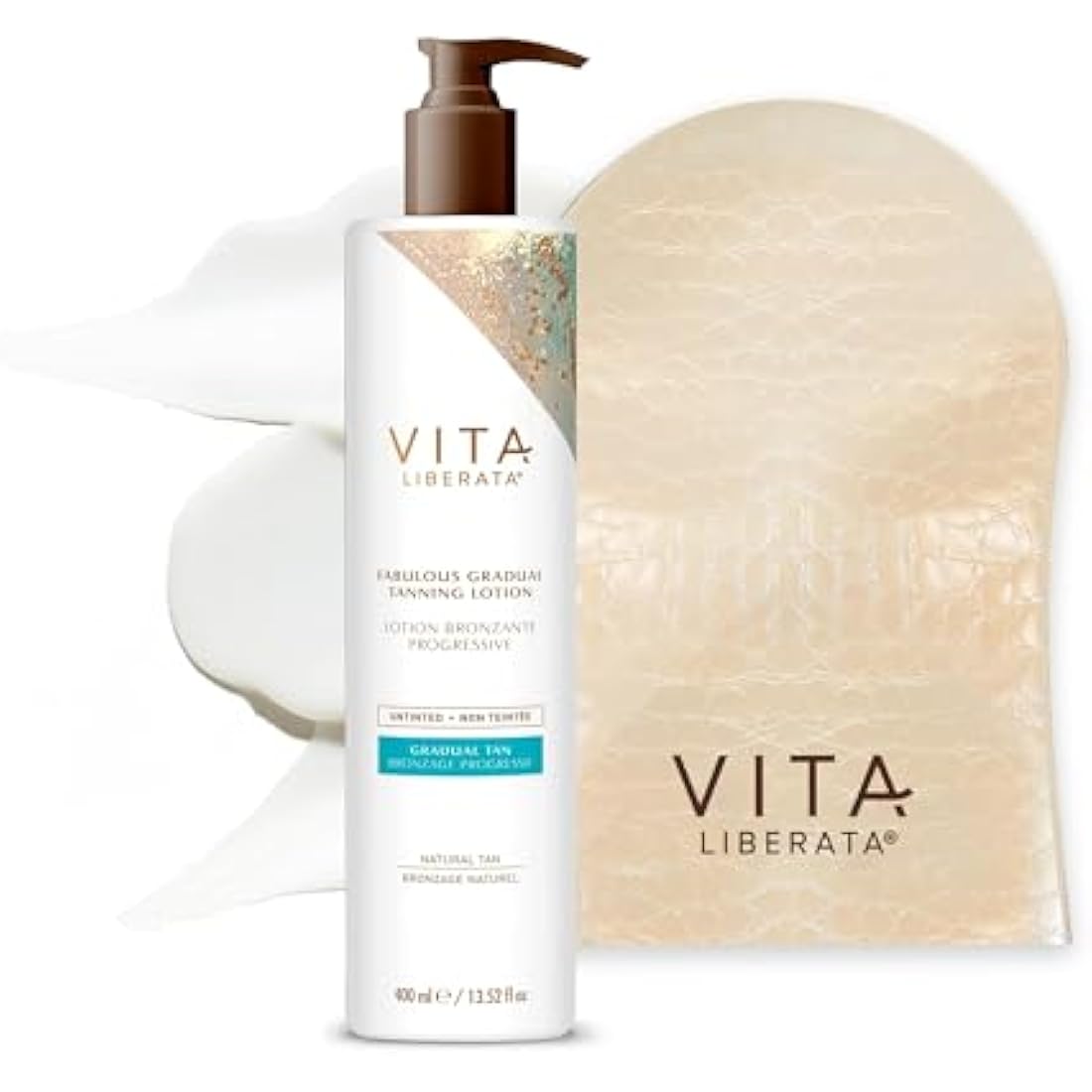 VITA LIBERATA, Fabulous Gradual Tanning Lotion 400ml & Dual Sided Self Tanner Mitt, Super Hydrating Hyaluronic Acid, Designed for Face & Body, Buildable Formula, Streak Free, Lasting Finish
