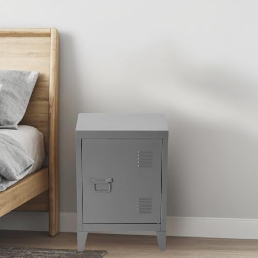 Homybec Small Metal Cabinet 1-Door, Free Standing 2 Tier Shelves Bedside Nightstand Cupboard, Side Storage Organizer for Home Office Study Bedroom Living Room, Grey, 57.5 x 40.5 x 30.5 cm