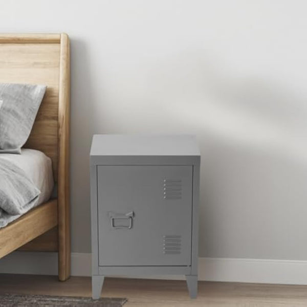 Homybec Small Metal Cabinet 1-Door, Free Standing 2 Tier Shelves Bedside Nightstand Cupboard, Side Storage Organizer for Home Office Study Bedroom Living Room, Grey, 57.5 x 40.5 x 30.5 cm