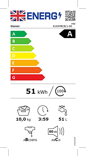 Hoover H-WASH 500 10kg Freestanding Washing Machine, 1400 RPM, A Rated, ECO‑Power Inverter Motor, hOn App, 60 Programmes, Care Dose, Power Care System, White, 60x59x85 cm ‑ HW 410AMC/1-80