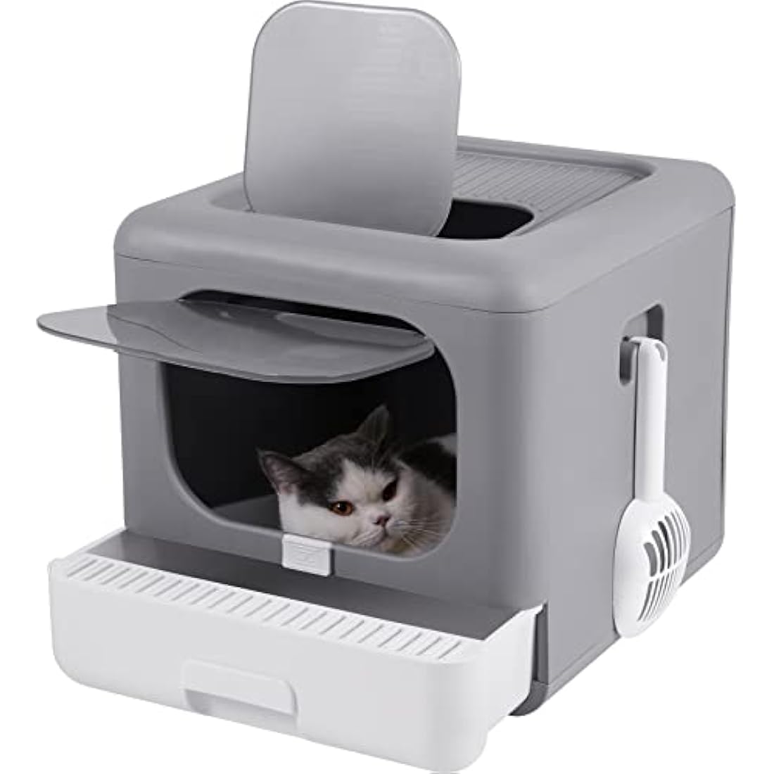 BingoPaw Cat Litter Tray Box: Foldable Top Entry Large Cats Toilet with Lid - Hooded Kitten Litter Tray Easy Cleaning Drawer Design with Scoop Grey