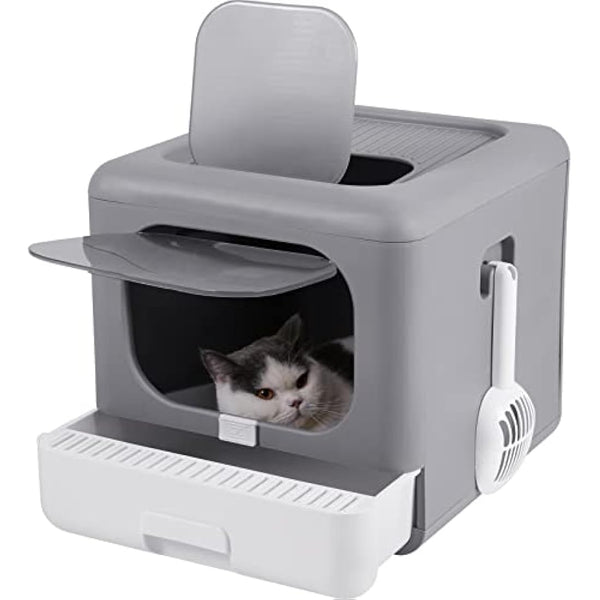 BingoPaw Cat Litter Tray Box: Foldable Top Entry Large Cats Toilet with Lid - Hooded Kitten Litter Tray Easy Cleaning Drawer Design with Scoop Grey
