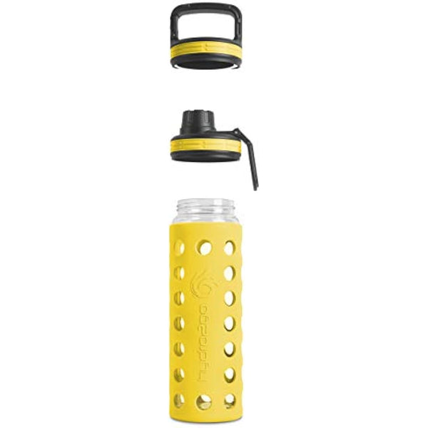 hydro2go Glass Water Bottle with Silicone Sleeve – Dishwasher Safe, 2 Interchangeable Lids, 100% Leak-proof & BPA-free – Ideal for Children, Office, Sports & Outdoor (Blazing Yellow 2.0) – 550 ml