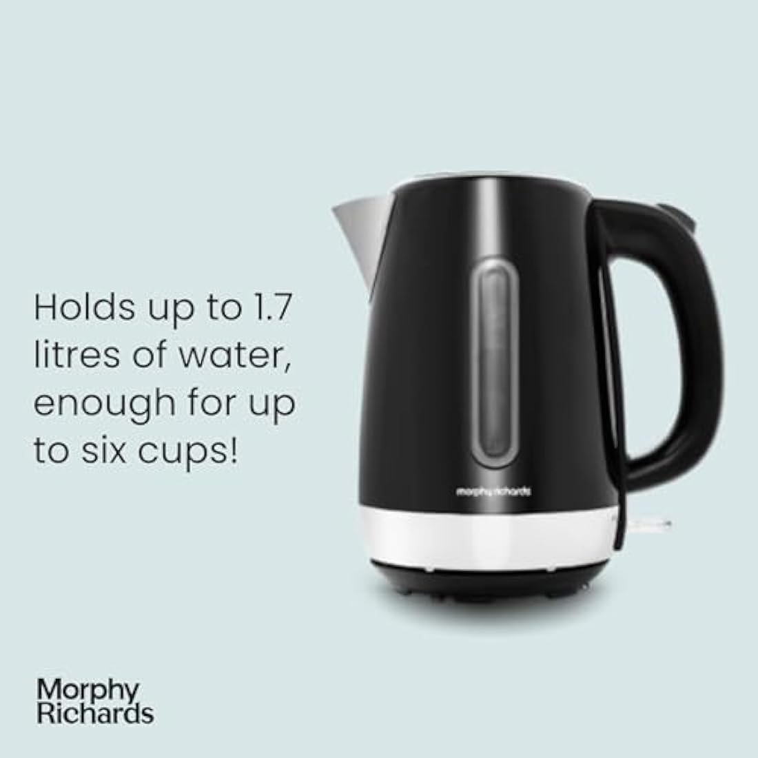 Morphy Richards Equip Kettle, 1.7L, 3Kw Rapid boil, Removeable Limescale Filter, Easy View Water Gauge, Stainless Steel Case, Black, 102783