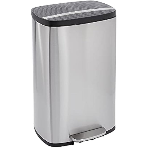 Amazon Basics Rectangular Soft-Close Rubbish Bin with Plastic Lid, 50 Litres, Satin Nickel