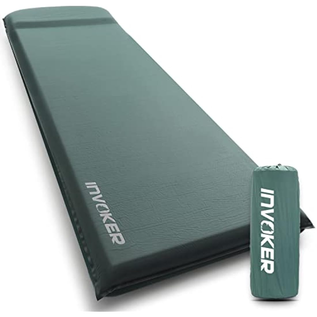 INVOKER Self Inflating Memory Foam Camping Sleeping Mat - Pad with Built in Pillow, Green, 196x70x8cm, 2kg, Waterproof, 150kg Weight Capacity, Rapid Inflation, Plush, Camper