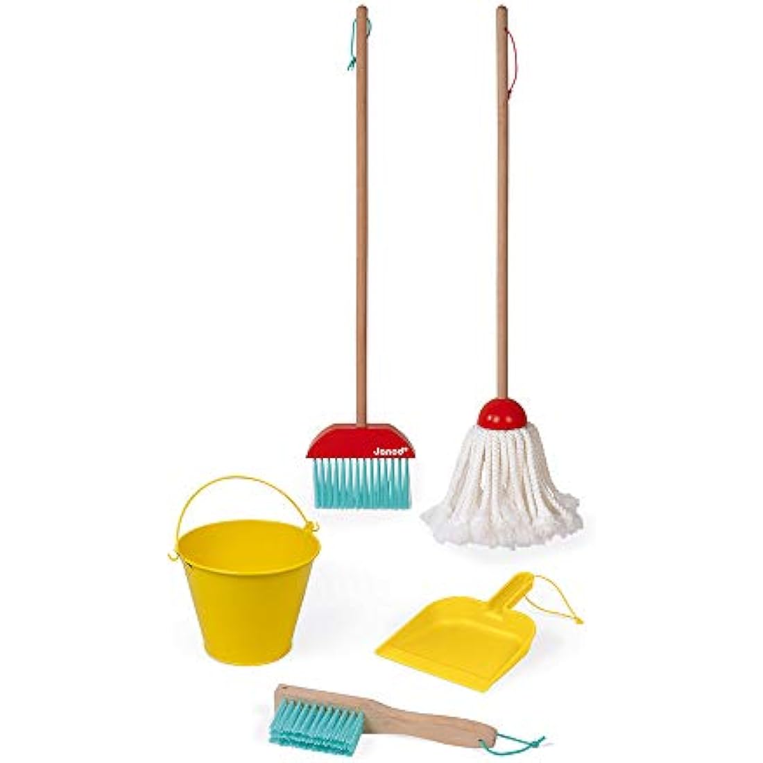 Janod - Cleaning Set - 5 Realistic Wooden Accessories - Broom + Mop + Bucket + Shovel + Brush - Imitation Wooden Toy for Children - from 2 Years Old, J06588