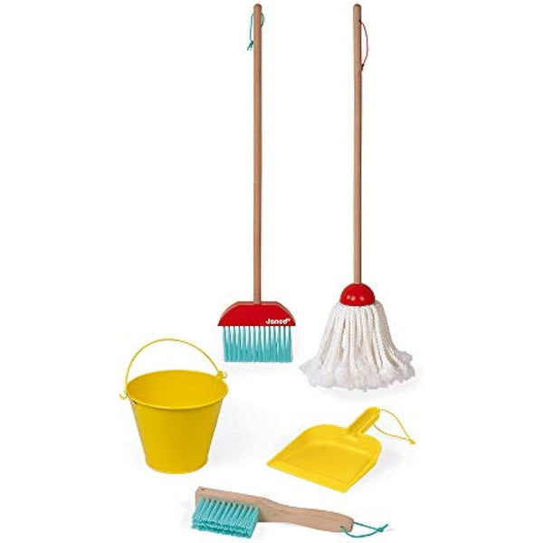 Janod - Cleaning Set - 5 Realistic Wooden Accessories - Broom + Mop + Bucket + Shovel + Brush - Imitation Wooden Toy for Children - from 2 Years Old, J06588