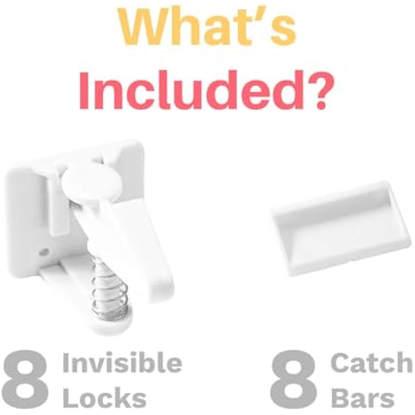 Inaya Cabinet Locks Baby Proofing - Child Proof Drawer Locks - Child Safety Cabinet Latches with 3M Adhesive Easy Installation - No Drilling or Extra Screws (8 Pack)