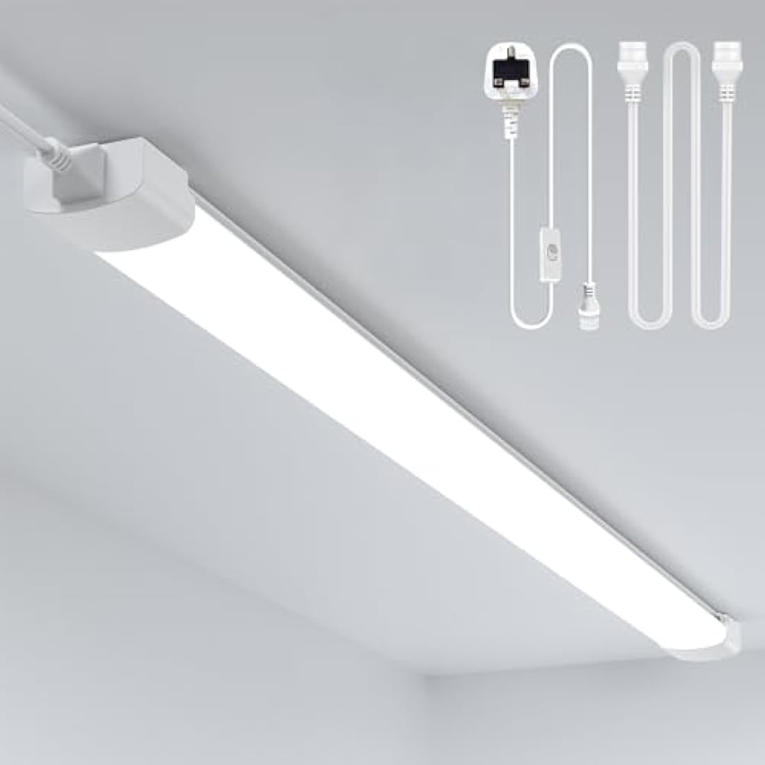 Amdelne 6000k Led Batten Light, 4FT 120CM, 36W Plug in Wall Light Shed Loft Light, IP65 Plug in Ceiling Light Strip for Garage Lighting, Office, Bedroom, Kitchen, Shed,Outdoor,Tube Light