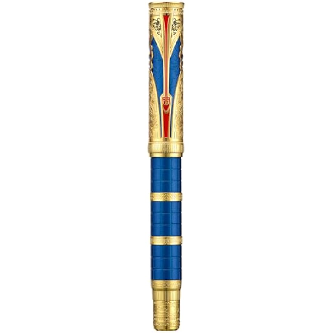 Hongdian D5 Qin Dynasty Fountain Pen Blue Gold, Fine Nib Piston Filling Pen, Retro Chinese Totem Engraving Smooth Writing Pen with Pen Box Set