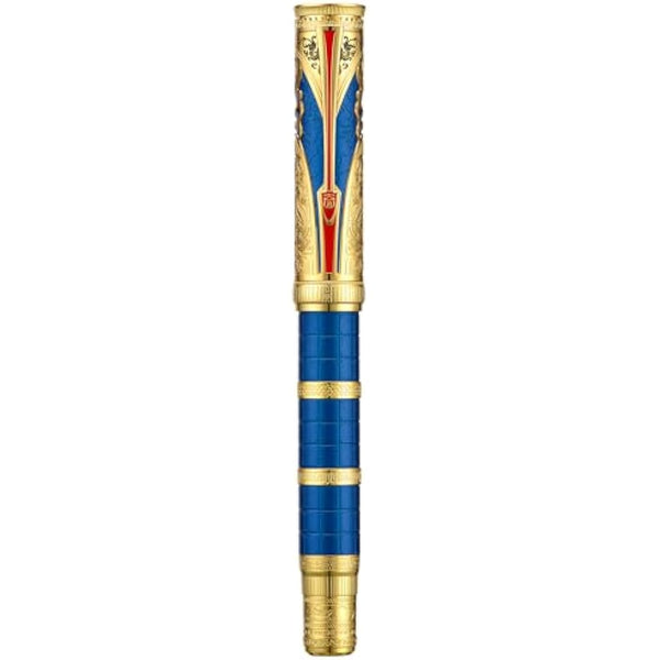 Hongdian D5 Qin Dynasty Fountain Pen Blue Gold, Fine Nib Piston Filling Pen, Retro Chinese Totem Engraving Smooth Writing Pen with Pen Box Set