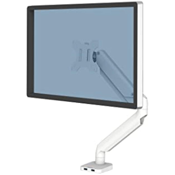 Fellowes Platinum Series Monitor Arm - Monitor Mount for 8KG 40 Inch Screens - Adjustable Monitor Desk Mount - Tilt 45° Pan 180° Swivel 360° Rotation 360°, VESA 75 x 75/100 x 100 - White