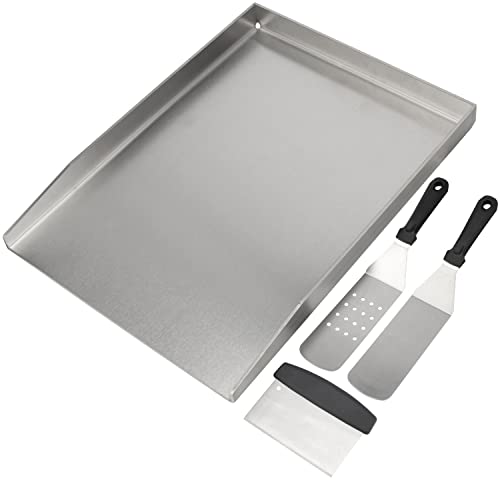 Grihero Universal Griddle Plate with Grill Spatula Scraper Accessory Set, 40x30cm Stainless Steel BBQ Plancha Grill Plate with Grease Drain for Weber,