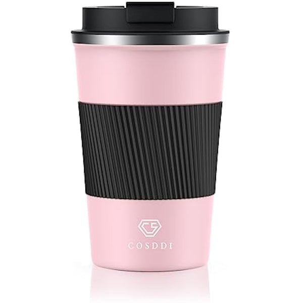 CS COSDDI Travel Mugs, Insulated Coffee Cup with Leakproof Lid - Reusable Coffee Cups Travel - Car Coffee Cup - Stainless Steel Coffee Mug for Hot and Cold Water and Tea, 380ml