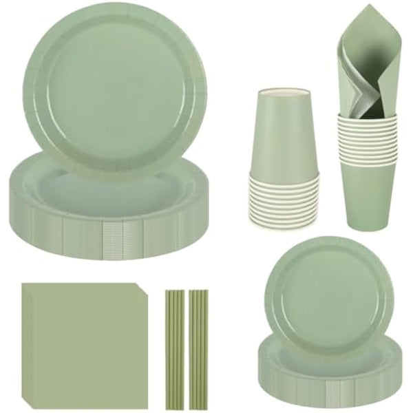 Green Paper Plates Napkins Cups Set, CEILIWEN 250PCS Sage Green Party Tableware, Green Party Supplies Include 9'' Paper Plate, 7'' Dessert Plate, Napkins, Cups, Straws, for 50 Guest