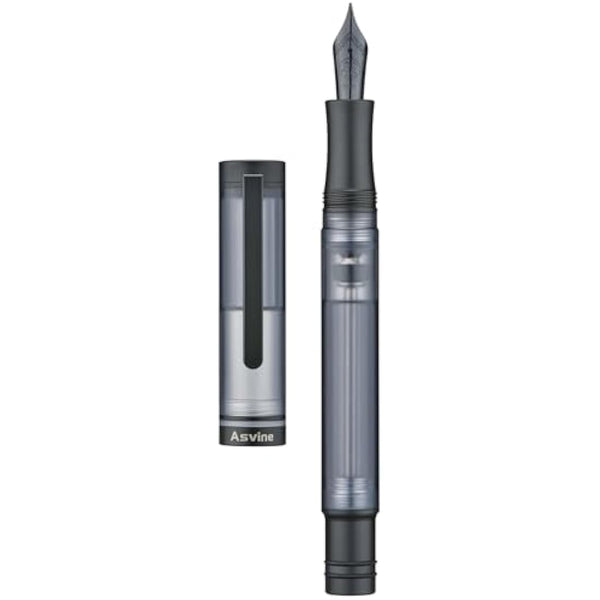 Asvine V200 Titanium Fountain Pen Vacuum Filling, Matte Black Bock Extra Fine Nib Clear Demonstrator Acrylic with Pen Case and Wrench