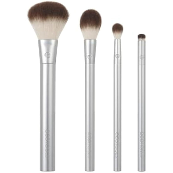 EcoTools Precious Metals Cheek & Eye Highlight Makeup Brush Kit, for Eyeshadow, Blush, & Powder Products, Eco Friendly, Vegan, Cruelty Free Face Brushes, Recycled Aluminum, Chrome, 4 Piece Set