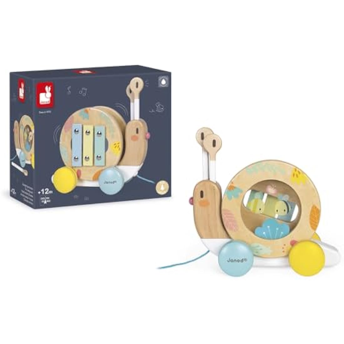 Janod - Wooden Pure Pull-Along Snail - Wooden Toy with Xylophone and Tambourine - Water Based Paint - Educational Musical Early Learning Toy - from 1 Year Old, J05159