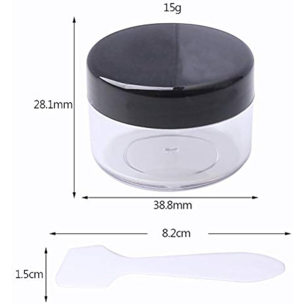 kuou 10 * 15ml Empty Plastic Cosmetic Jars, Sample Containers Pots Bottles with Black Screw Lids and 5pcs Spatulas for DIY Travel Makeup Creams/Powder/Mineral Make Up Cosmetic