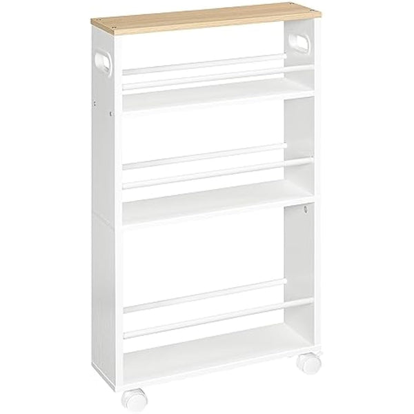 HOOBRO Slim Storage Trolley, Narrow Kitchen Cart, Slide Out Kitchen Trolley on Wheels, 4-Tier Rolling Utility Cart with Handle, for Small Space, Bathroom, Living Room, White and Natural EWN15TC01