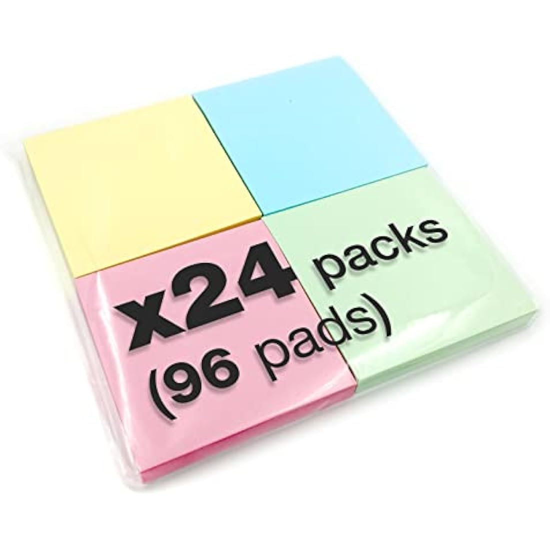24 x 400 Quality Pastel Colours Removable Sticky Notes 76x76mm 96 Pads of 100 Sheets - Blue, Pink, Green, Yellow