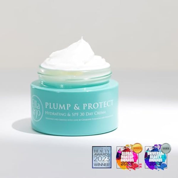 Ella & Jo Plump & Protect Day Cream, SPF 30 + UVA/B Protection, Hyaluronic Acid, Ceramides & Glycerin, Anti-Blue Light Filter, Hydrating Face Moisturiser