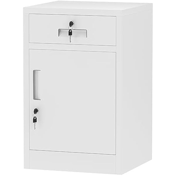 JINGUR Metal Storage Cabinet with Locking Door and Drawer, Lockable Drawer Chest with Adjustable Shelf for Home Office Bedroom Living Room (White)