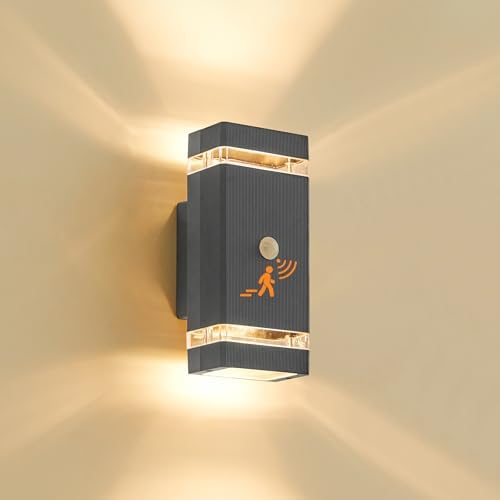 LMP Up Down Outdoor Wall Lights PIR, Motion Sensor Outside Lights Mains Powered, IP65 Square Porch Front Door Light Electric, Waterproof External Modern GU10 LED Lighting Exterior Lamp for House, Grey