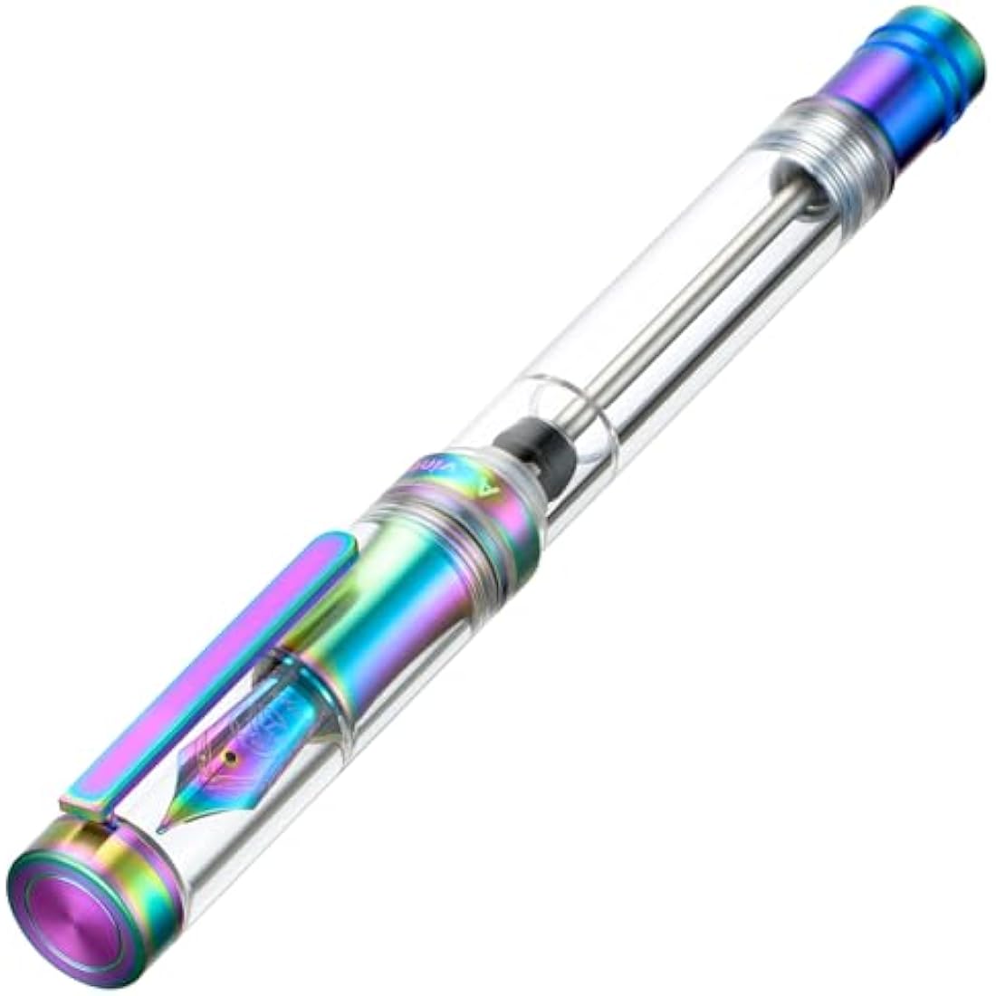Asvine V200 Titanium Fountain Pen Vacuum Filling, Rainbow Iridium Extra Fine Nib Clear Demonstrator Acrylic with Pen Case and Wrench
