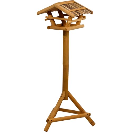 dobar? 48000FSC Bird Feeder with Stand - Wooden Bird Feeder with Reed Roof - Bird House with Tripod Stand - Bird Villa for Garden/Patio/Balcony - 44 x
