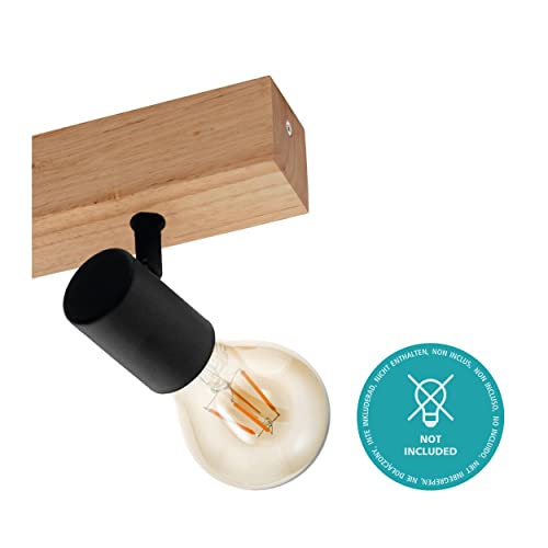 Eglo Townshend 3 Ceiling Light, 2-Flame Vintage Wall Spotlight with an Industrial/Retro Design Made of Steel and Wood, Black and Brown Colours, E27