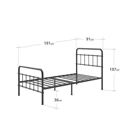 ZINUS Florence 3ft Single Bed Frame 90x190cm, Metal Platform Bed with Headboard and Footboard, Strong Steel Slat Support, Large Storage Space, Easy Assembly, Black