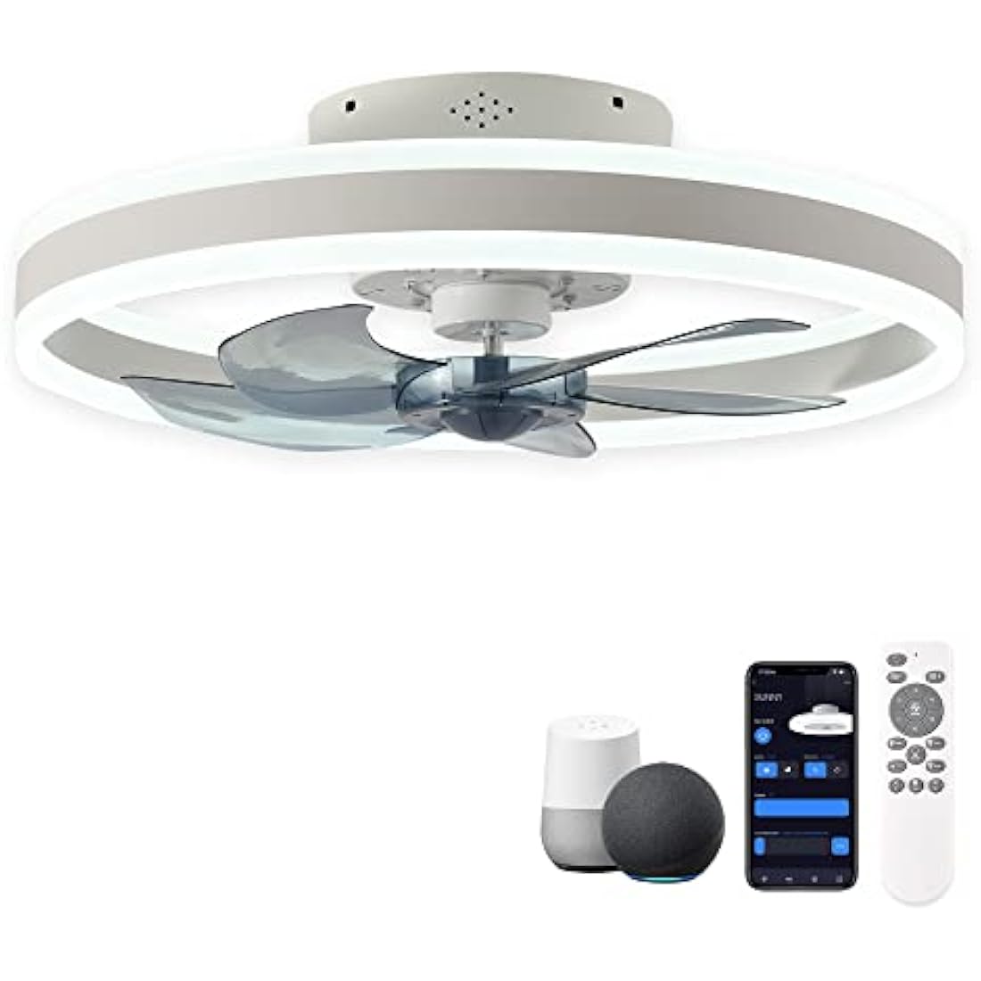 CHANFOK 20'' Smart Ceiling Fans with Lights Compatible with Alexa and Google Assistant, Low Profile Ceiling Fan with Light and Remote, APP Control, 6-Speed Reversible Blades for Bedroom (White)