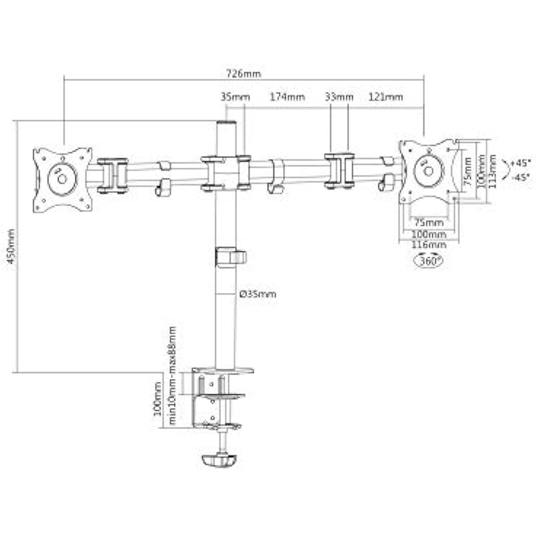 DIGITUS Monitor Bracket - Table Clamp - 2 Monitors - Up to 27 Inches - Up to 2x 8 kg - VESA 75x75, 100x100 - Black