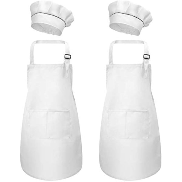 4 Pcs White Kids Apron and Chef Hat Set, Adjustable Children Aprons with Pockets for Boys Girls, Kitchen Garden Bib Aprons, Toddler Chef Apron for Baking Cooking Crafting Painting (M for 3-6 Age)