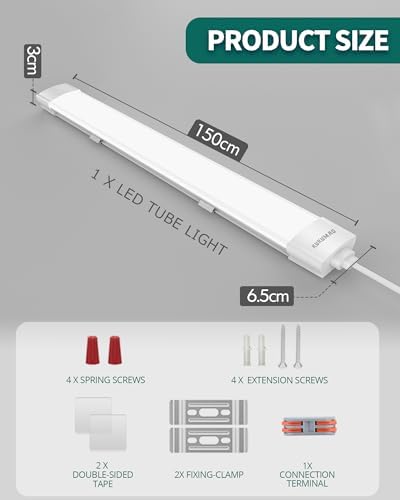 KUKUMAO LED Batten Light 5FT 45W with Plug,6000K Tube Light 5000LM Ceiling Light for Garage Office Cellar Shop Basement School Bathroom Restaurant Hotel Hostipatal Indoor or Outdoor.
