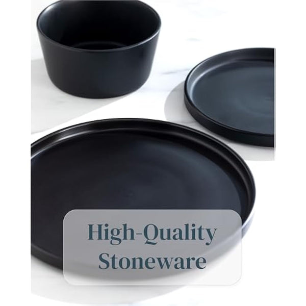 24 Piece Black Dinner Sets for 6 People - Cool Urban Style Stoneware Dinner Set for 6 - Dishwasher & Microwave Safe Plates and Bowls Set for 6 - Dinnerware Sets by Pure Living in Matte Black