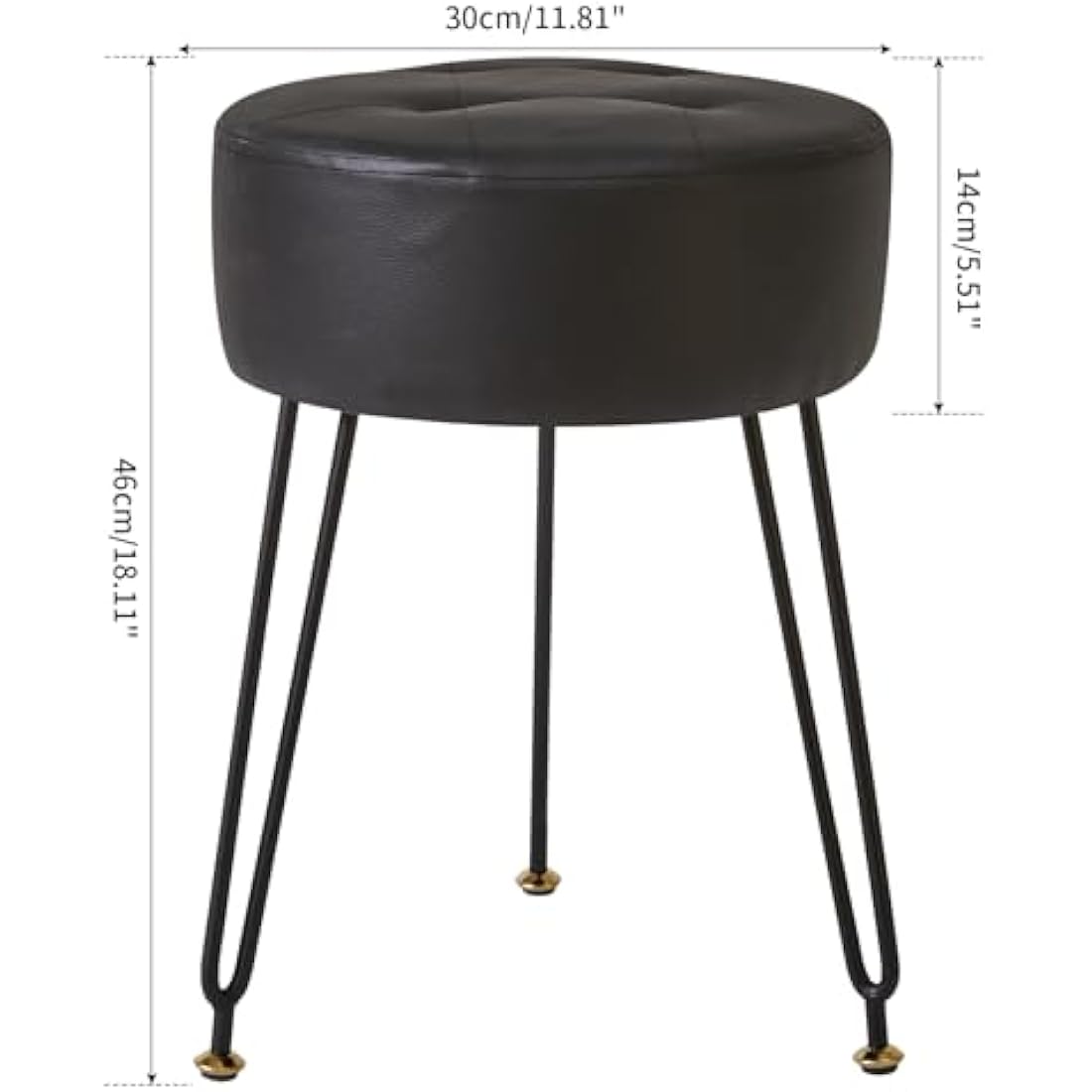 IBUYKE Faux Leather Round Footrest Stool, Makeup Vanity Stool Side Table, PU Dressing Table Seat, Pouf Couch Stool, Golden Steel Legs, Black L/G-31B