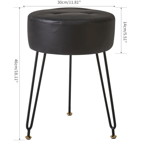 IBUYKE Faux Leather Round Footrest Stool, Makeup Vanity Stool Side Table, PU Dressing Table Seat, Pouf Couch Stool, Golden Steel Legs, Black L/G-31B