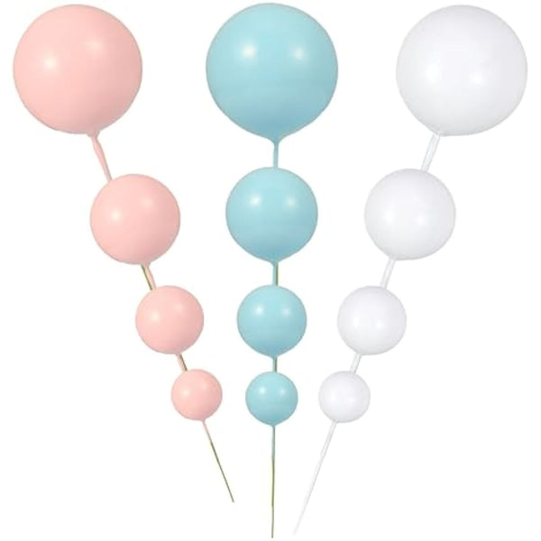 Gyufise 30Pcs Balls Cake Topper Foam Ball Cake Picks Faux Pearl Ball Shaped Cupcake Insert Cake Topper for Baby Shower Wedding Anniversary Kids Birthday Party Cake Decorations White Blue Pink